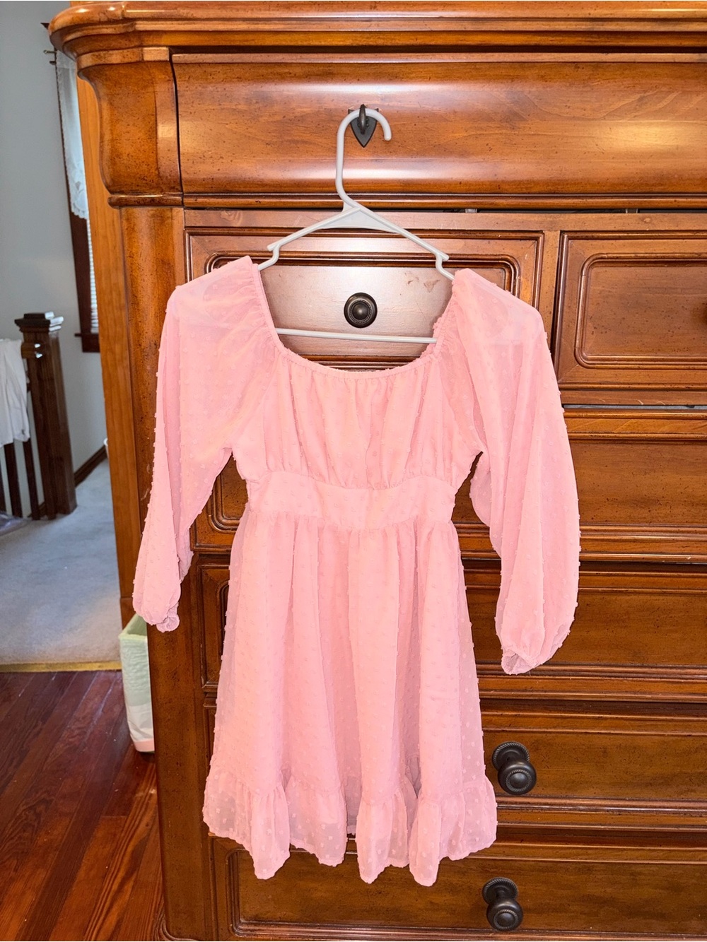 Grace Karin Girls 7Y Pink Swiss Dot Chiffon Long Sleeve Dress